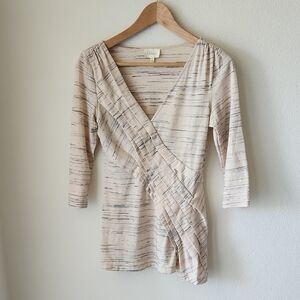 Anthropologie DELETTA Cream Heathered V-Neck Pleated Faux Wrap Top Sz S